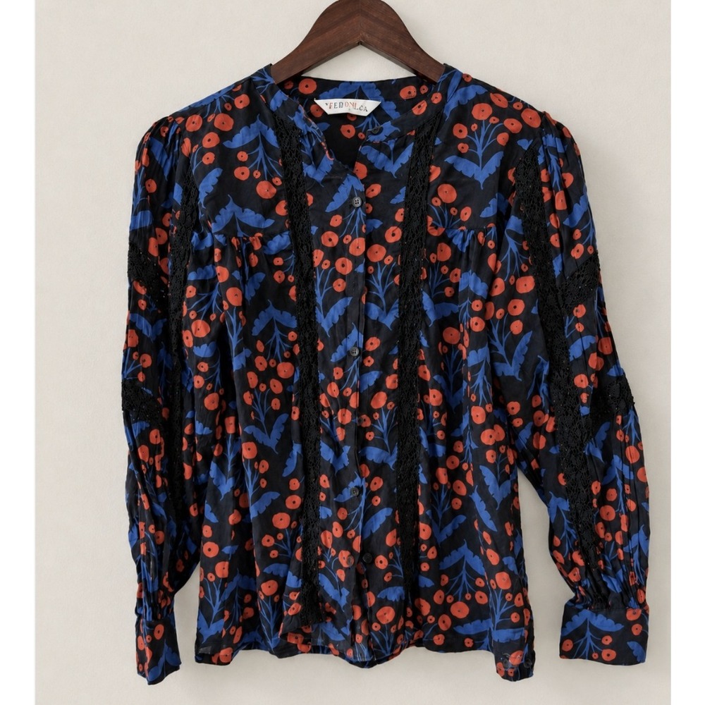 Compania Fantastica Women's Poppy Print Long-Sleeved Shirt With Lace Sz XS - Picture 3 of 8